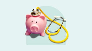 Piggy bank with doctors equipment. Cute and comical