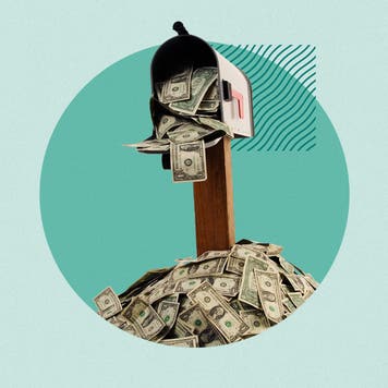 Illustrated collage featuring a mailbox with money falling out