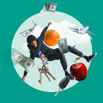 young man falling out of the sky along with various household items and cash