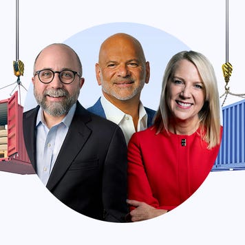 Design element with 3 headshot with illustrations of storage containers in the background